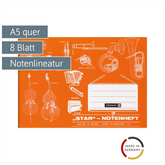 Star-Notenheft | A5 quer, Notenlineatur, 8 Blatt, orange