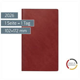 Buchkalender Mod. reise-merker 2026 | 102×172 mm, Kunststoff, weinrot
