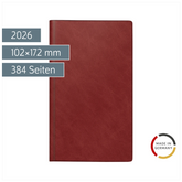 Buchkalender Mod. reise-merker 2026 | 102×172 mm, Kunststoff, weinrot