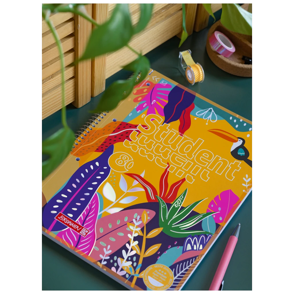 Collegeblock Premium Student „Tropical“ | A4, Lineatur 27, 80 Blatt, gelb/mehrfarbig