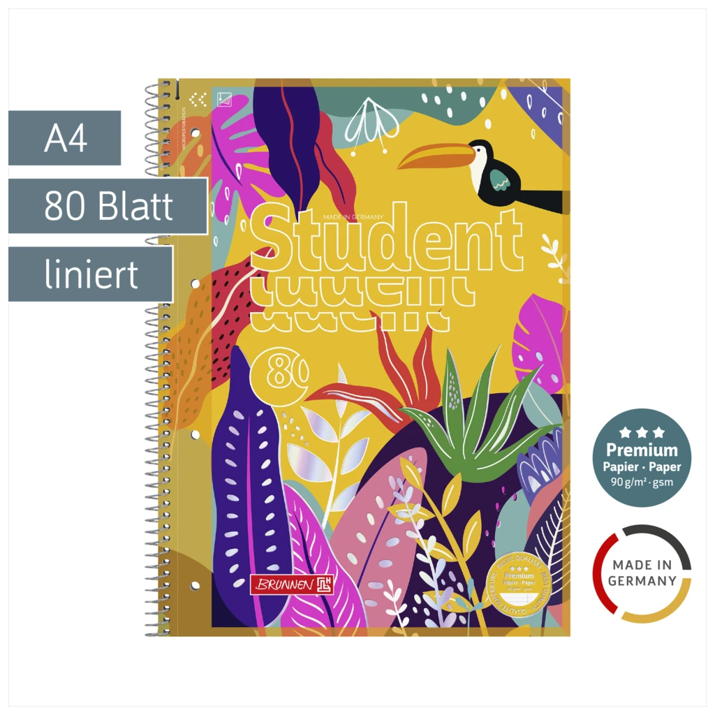 Collegeblock Premium Student „Tropical“ | A4, Lineatur 27, 80 Blatt, gelb/mehrfarbig