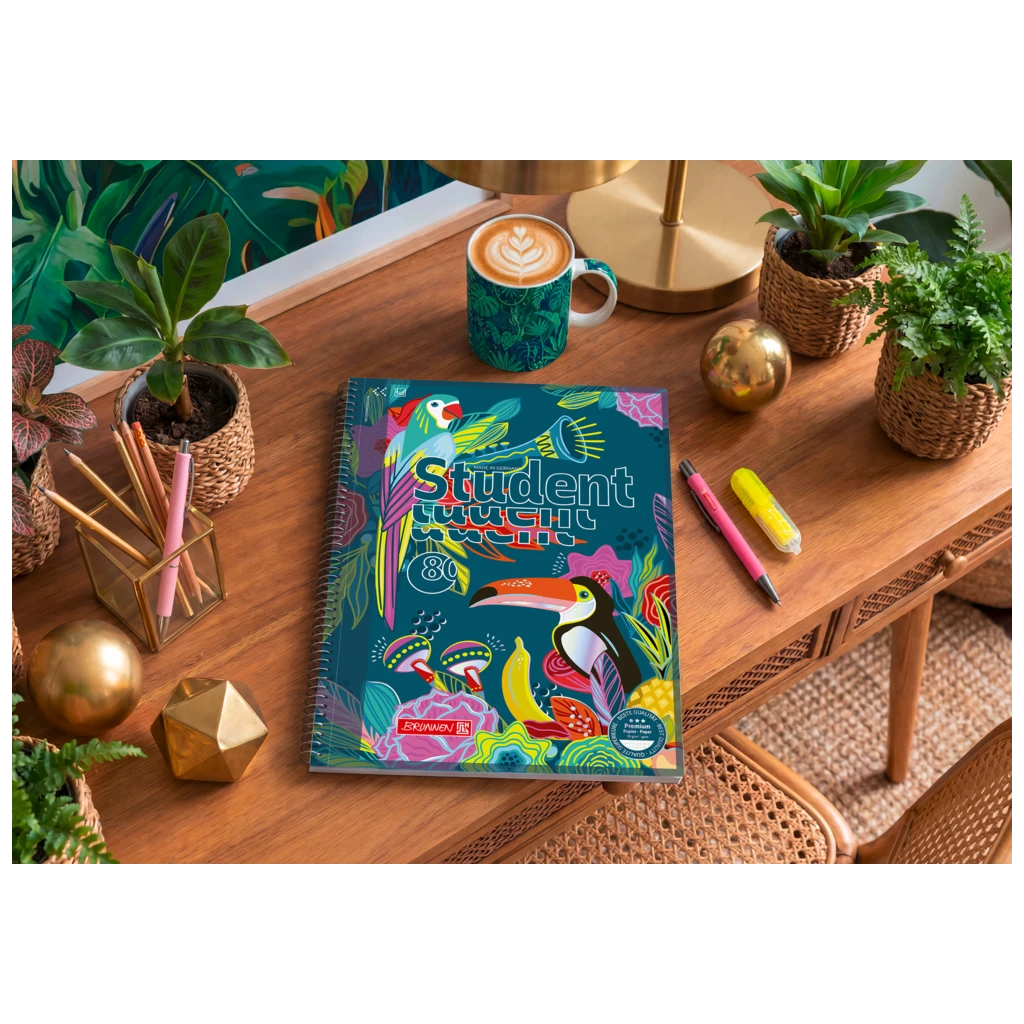 Collegeblock Premium Student „Tropical“ | A4, Lineatur 28, 80 Blatt, blau/mehrfarbig
