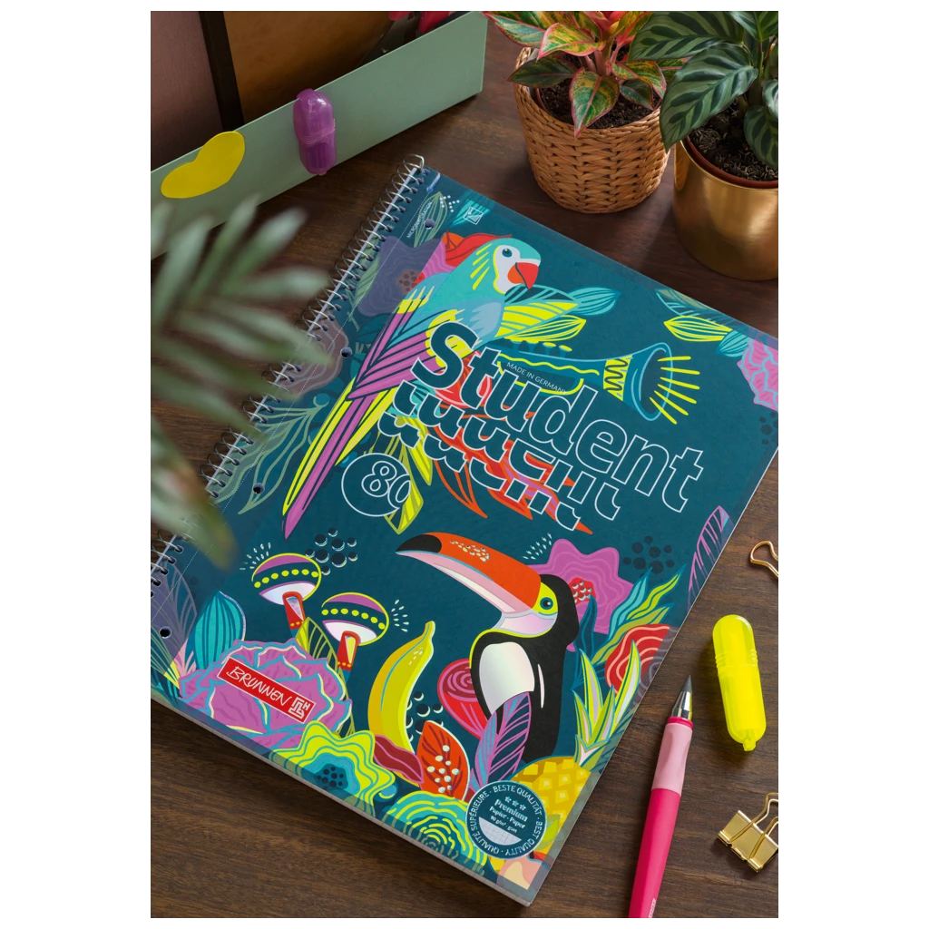 Collegeblock Premium Student „Tropical“ | A4, Lineatur 28, 80 Blatt, blau/mehrfarbig