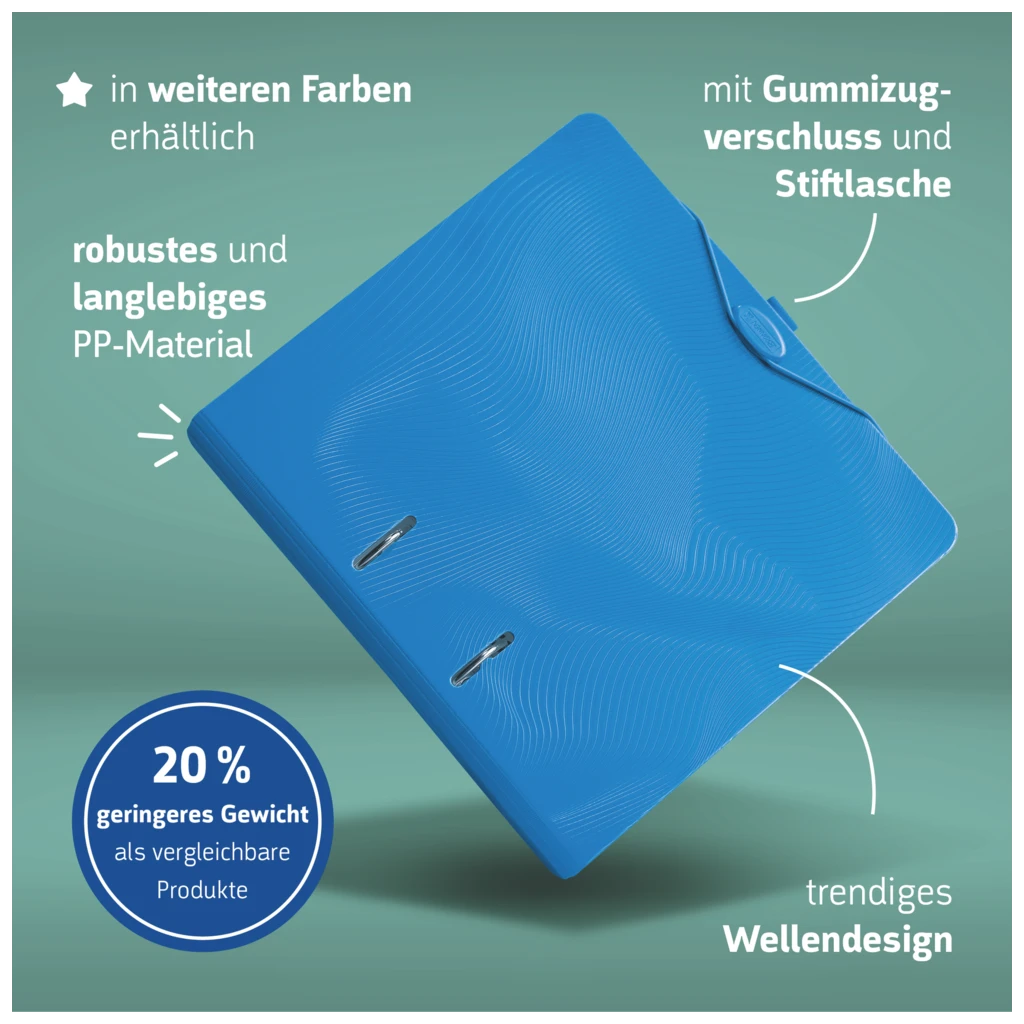 Ordner „WAVE“ Colour Code | A4, 50 mm, Hebelmechanik mit gummiertem Griff, azur