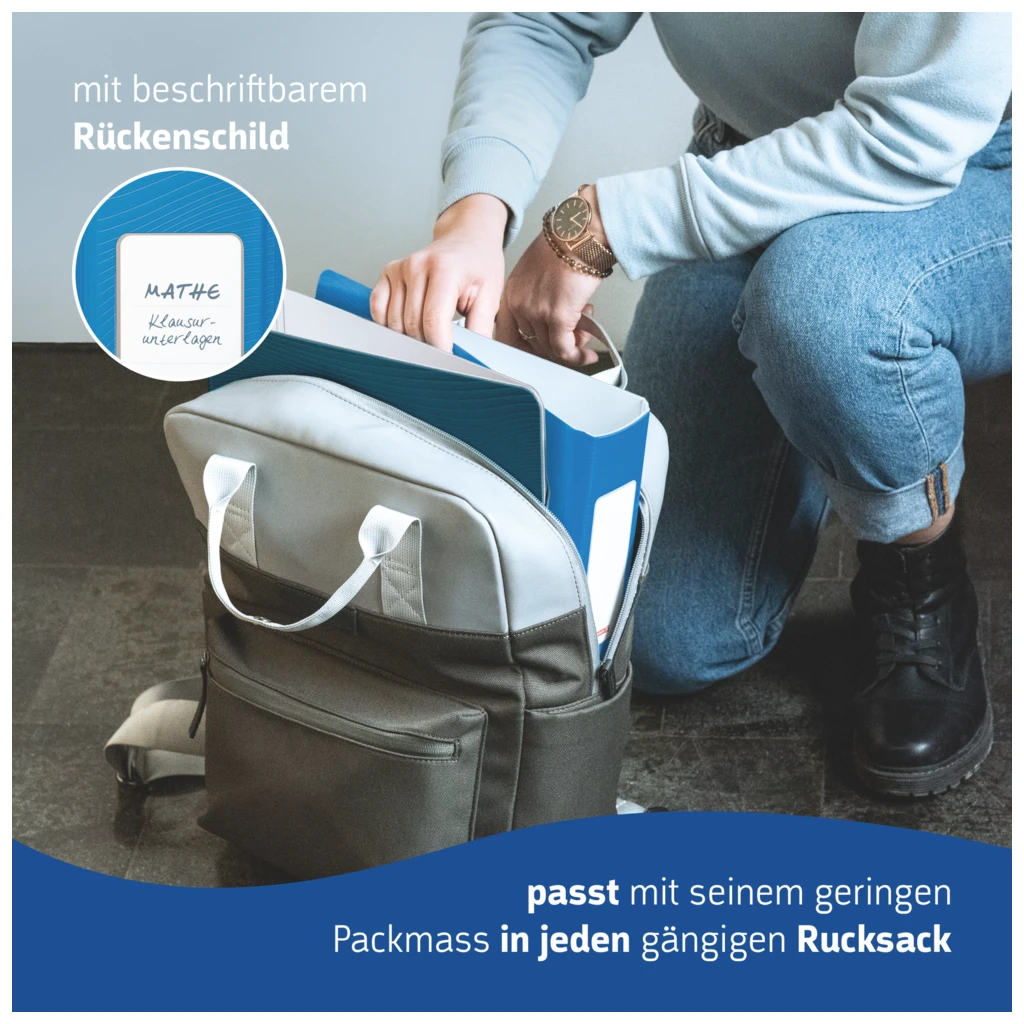 Ordner „WAVE“ Colour Code | A4, 50 mm, Hebelmechanik mit gummiertem Griff, azur