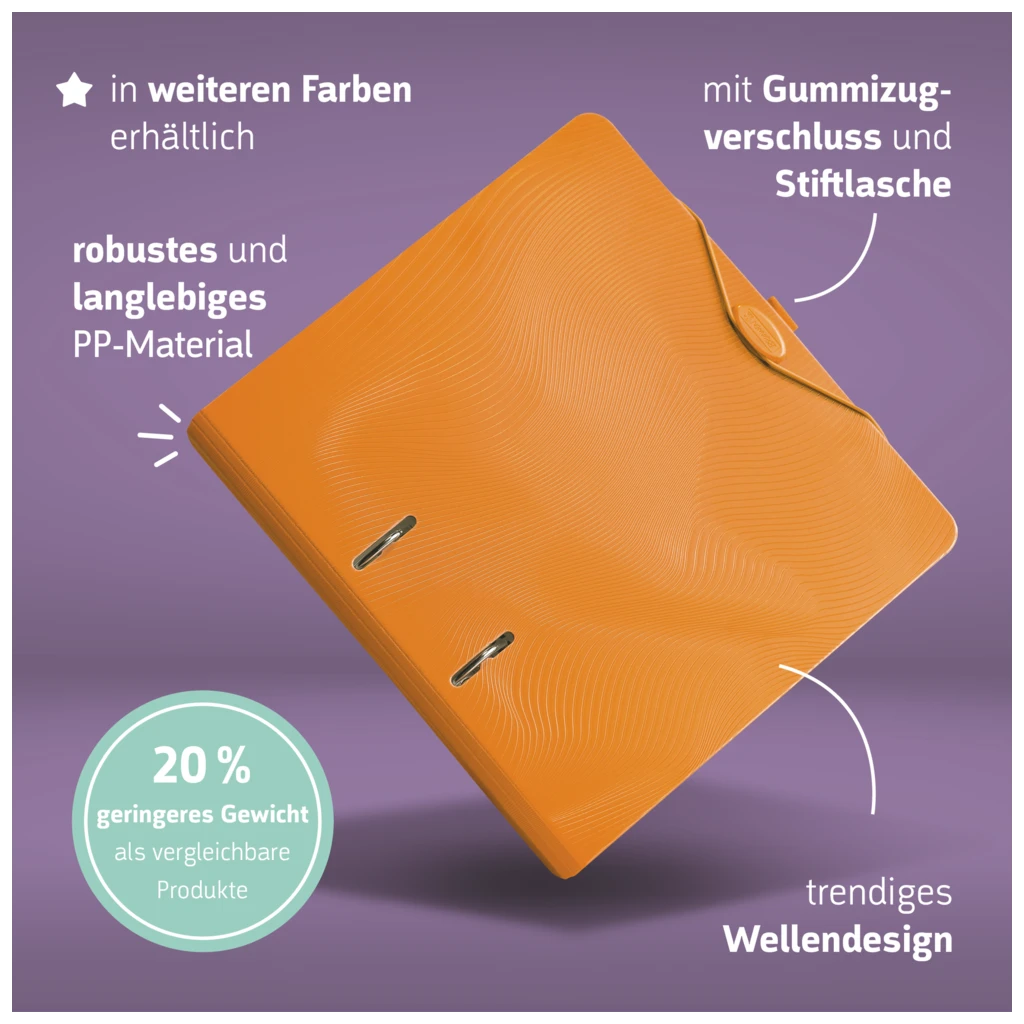 Ordner „WAVE“ | A4, 50 mm, Hebelmechanik mit gummiertem Griff, orange