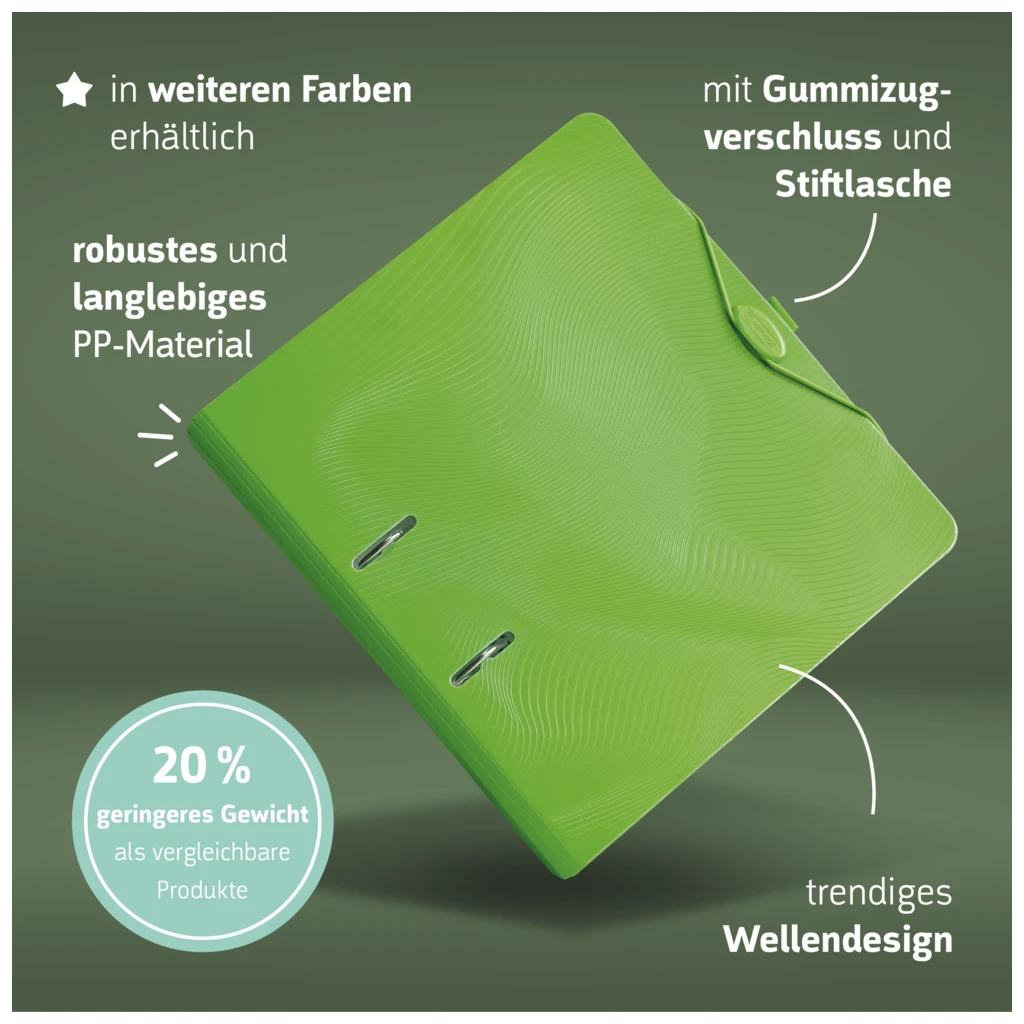 Ordner „WAVE“ Colour Code | A4, 50 mm, Hebelmechanik mit gummiertem Griff, kiwi