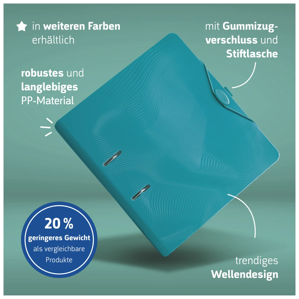 Ordner „WAVE“ | A4, 50 mm, Hebelmechanik mit gummiertem Griff, türkis