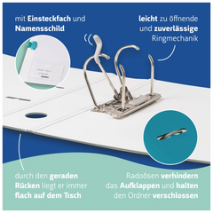 Ordner „WAVE“ | A4, 50 mm, Hebelmechanik mit gummiertem Griff, türkis