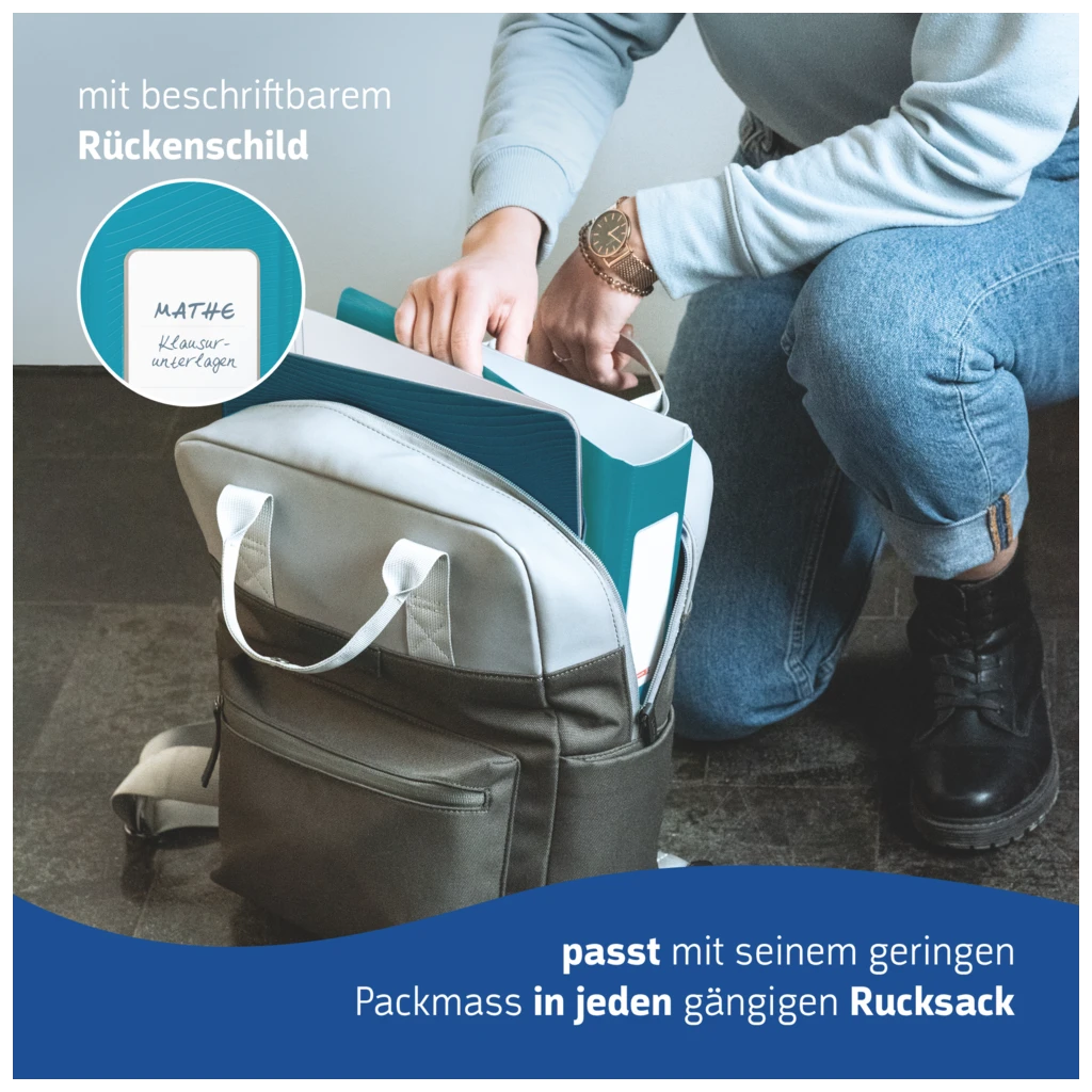 Ordner „WAVE“ | A4, 50 mm, Hebelmechanik mit gummiertem Griff, türkis