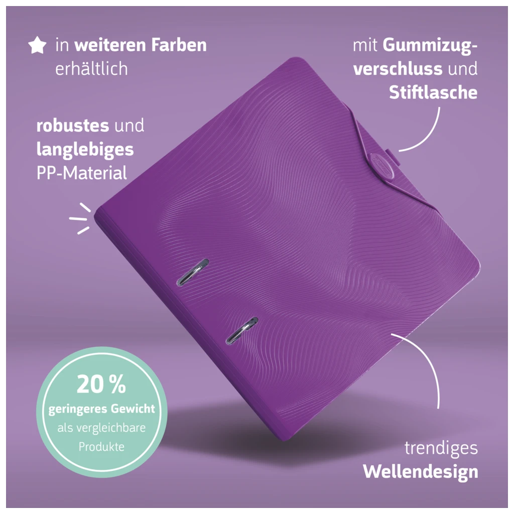 Ordner „WAVE“ Colour Code | A4, 50 mm, Hebelmechanik mit gummiertem Griff, purple