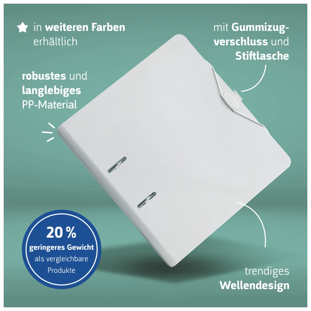 Ordner „WAVE“ | A4, 70 mm, Hebelmechanik mit gummiertem Griff, weiß
