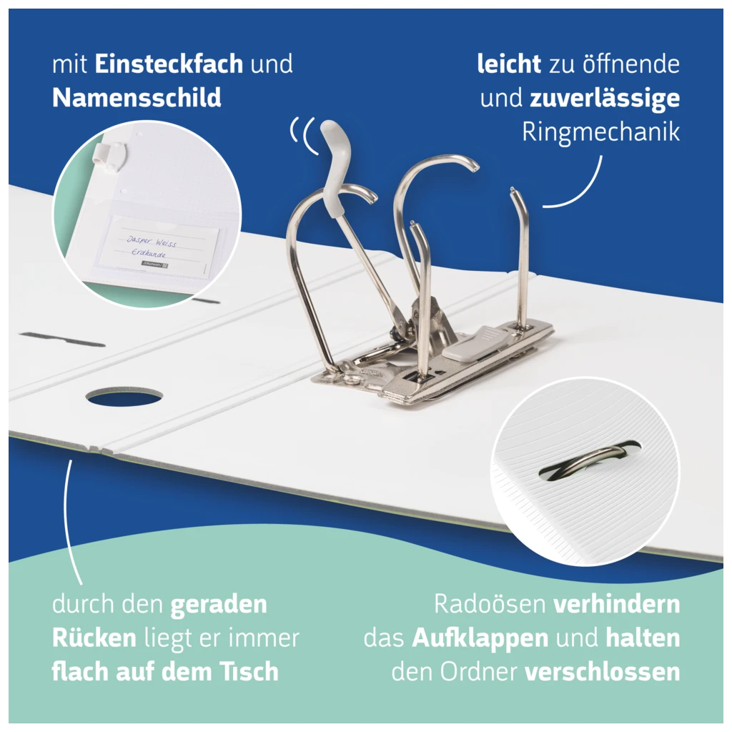 Ordner „WAVE“ | A4, 70 mm, Hebelmechanik mit gummiertem Griff, weiß