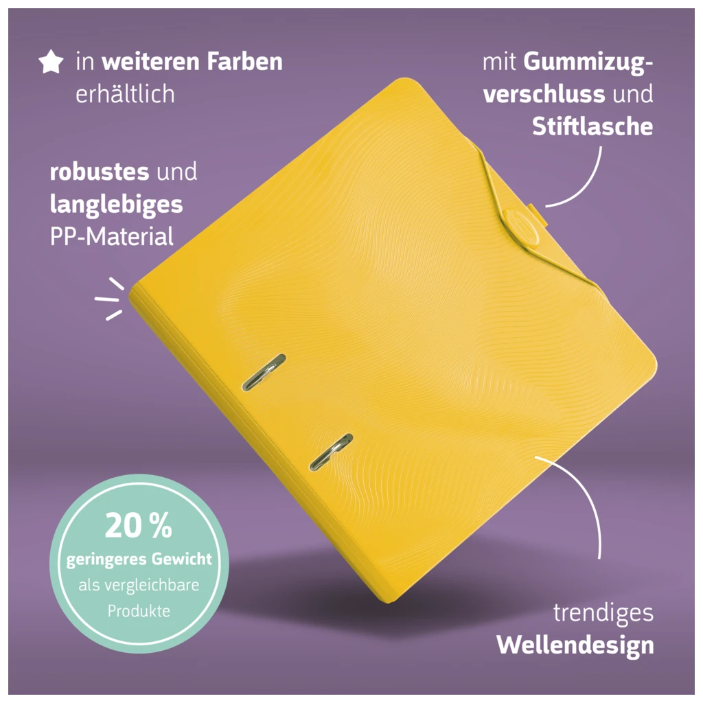 Ordner „WAVE“ | A4, 70 mm, Hebelmechanik mit gummiertem Griff, gelb
