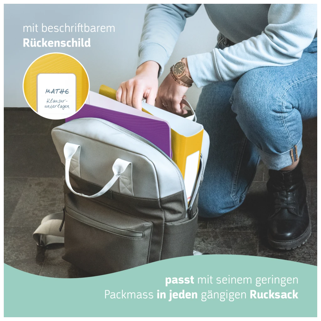 Ordner „WAVE“ | A4, 70 mm, Hebelmechanik mit gummiertem Griff, gelb