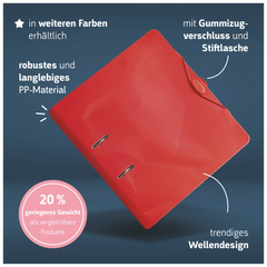 Ordner „WAVE“ Colour Code | A4, 70 mm, Hebelmechanik mit gummiertem Griff, red
