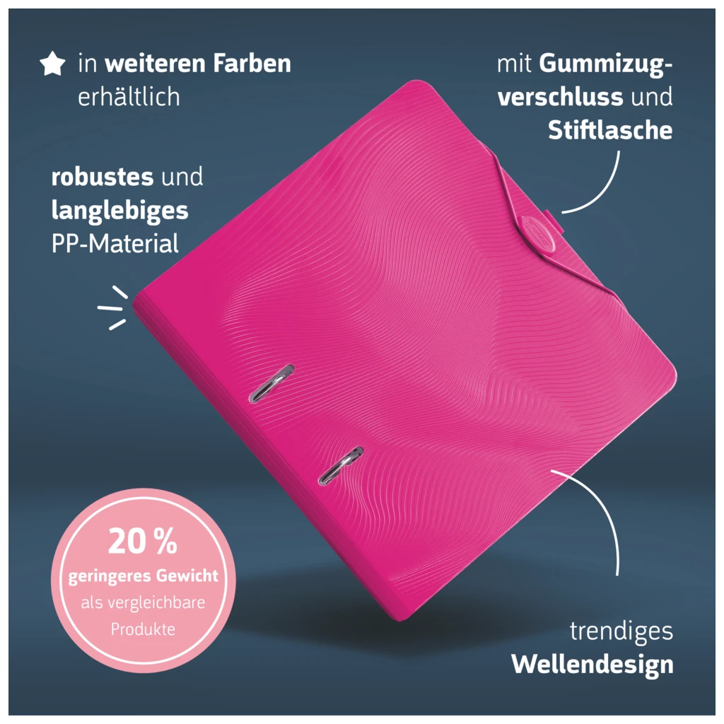 Ordner „WAVE“ Colour Code | A4, 70 mm, Hebelmechanik mit gummiertem Griff, pink
