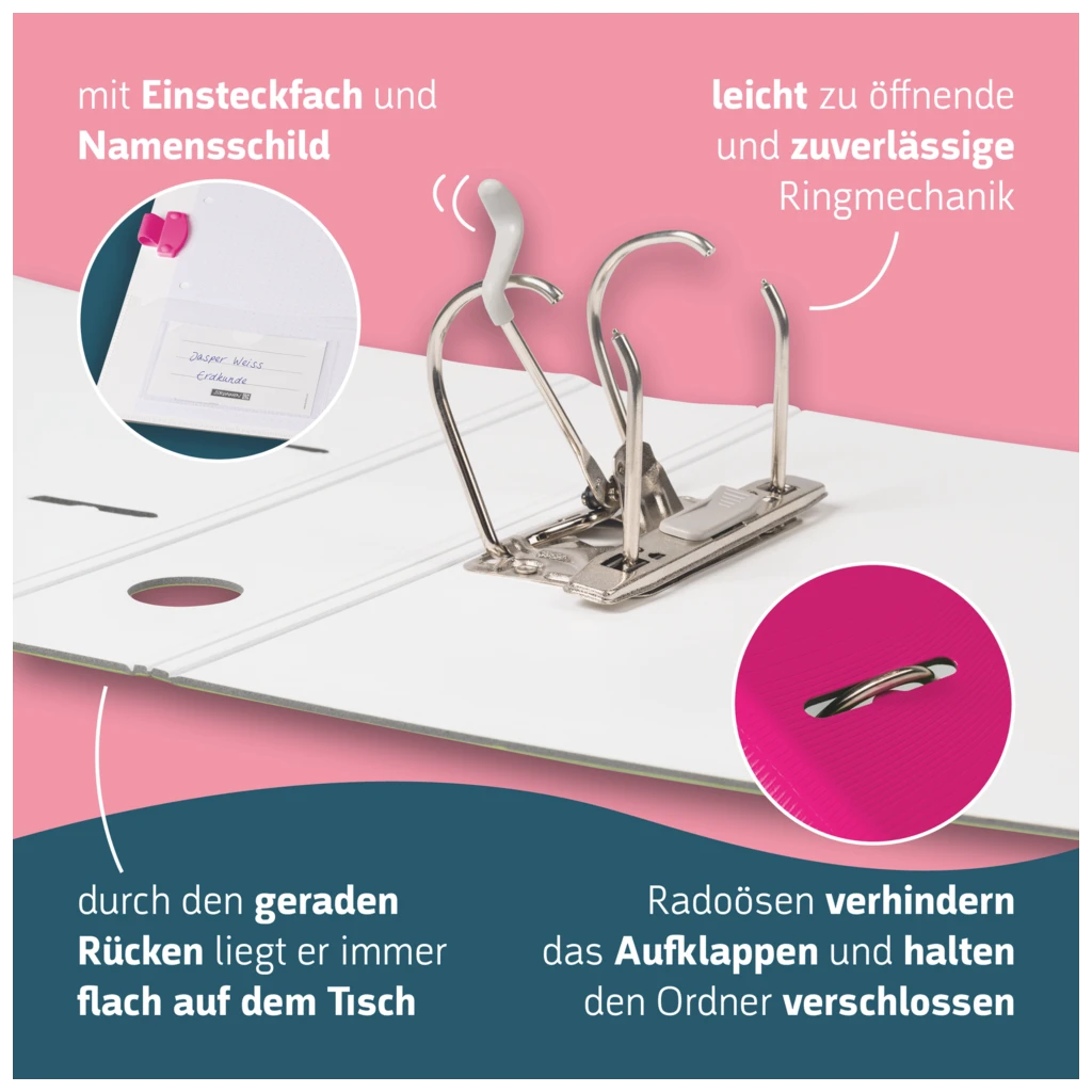 Ordner „WAVE“ Colour Code | A4, 70 mm, Hebelmechanik mit gummiertem Griff, pink
