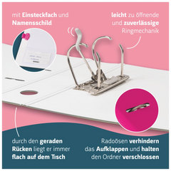 Ordner „WAVE“ Colour Code | A4, 70 mm, Hebelmechanik mit gummiertem Griff, pink