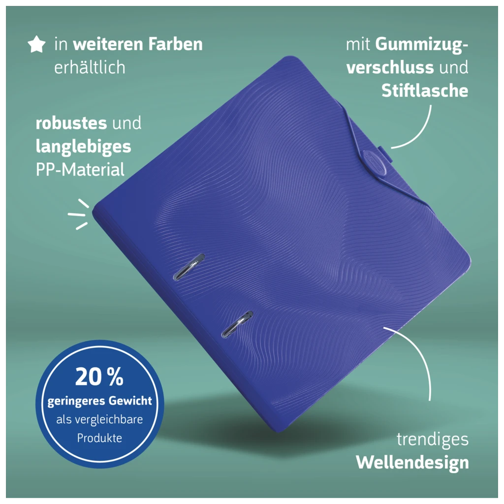 Ordner „WAVE“ | A4, 70 mm, Hebelmechanik mit gummiertem Griff, blau