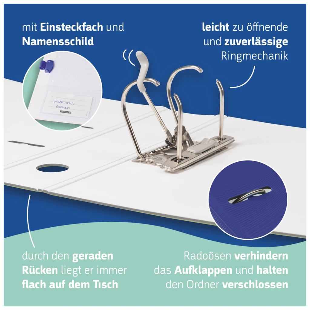 Ordner „WAVE“ | A4, 70 mm, Hebelmechanik mit gummiertem Griff, blau