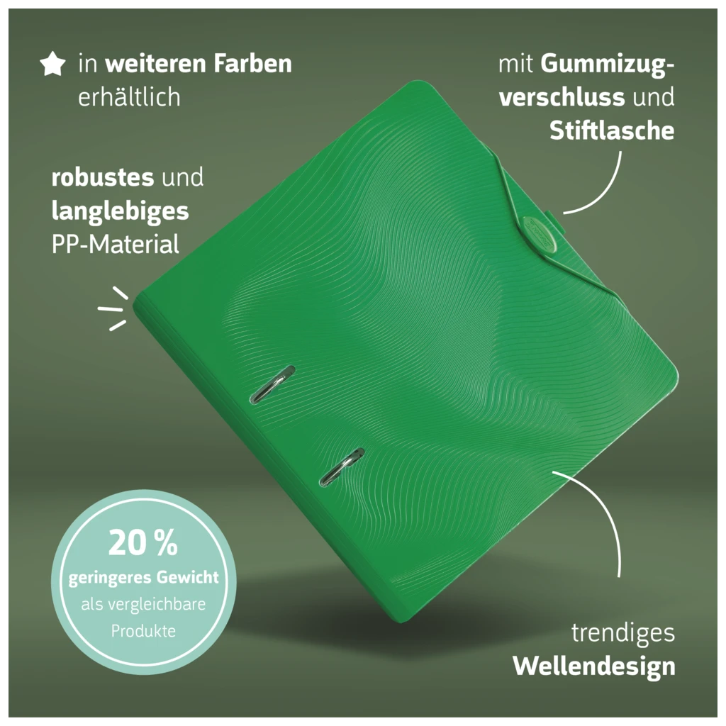 Ordner „WAVE“ | A4, 70 mm, Hebelmechanik mit gummiertem Griff, dunkelgrün