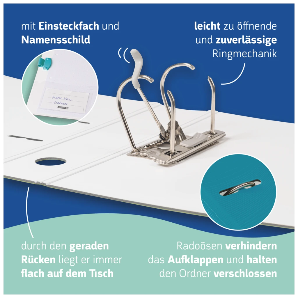 Ordner „WAVE“ | A4, 70 mm, Hebelmechanik mit gummiertem Griff, türkis