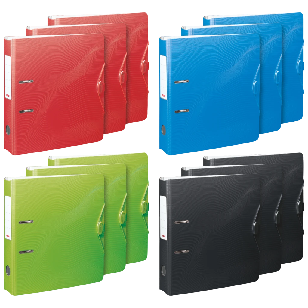 Ordner „WAVE“ Basic | A4, 70 mm, Hebelmechanik mit gummiertem Griff, sortiert, 12 Stück