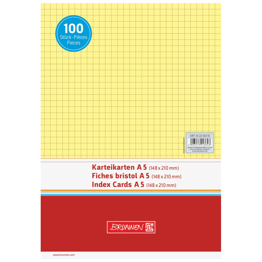 Karteikarten | A5, 5 mm kariert, gelb, 100 Stück