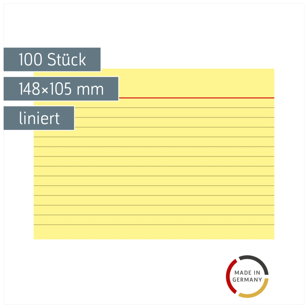 Karteikarten | 148×105 mm, A6, liniert, gelb, 100 Stück