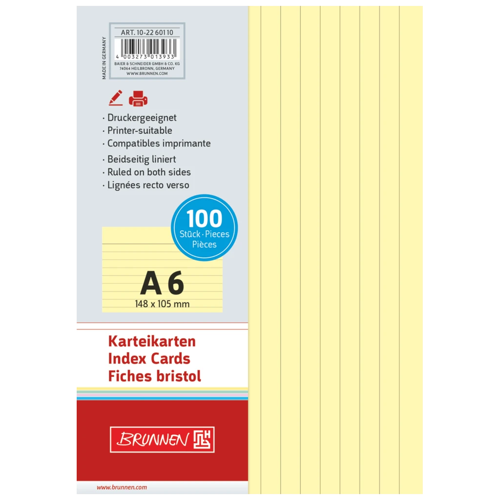 Karteikarten | 148×105 mm, A6, liniert, gelb, 100 Stück