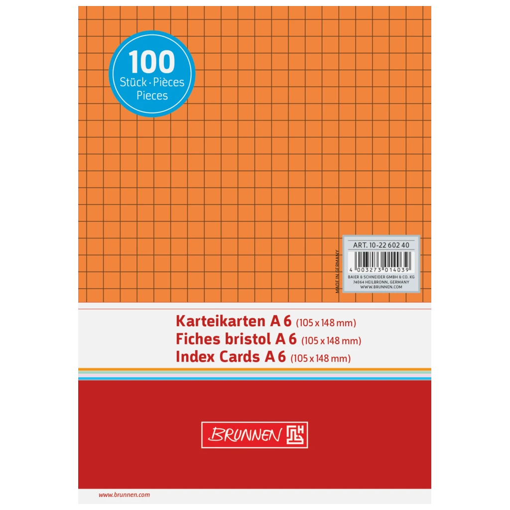 Karteikarten | A6, 5 mm kariert, orange, 100 Stück