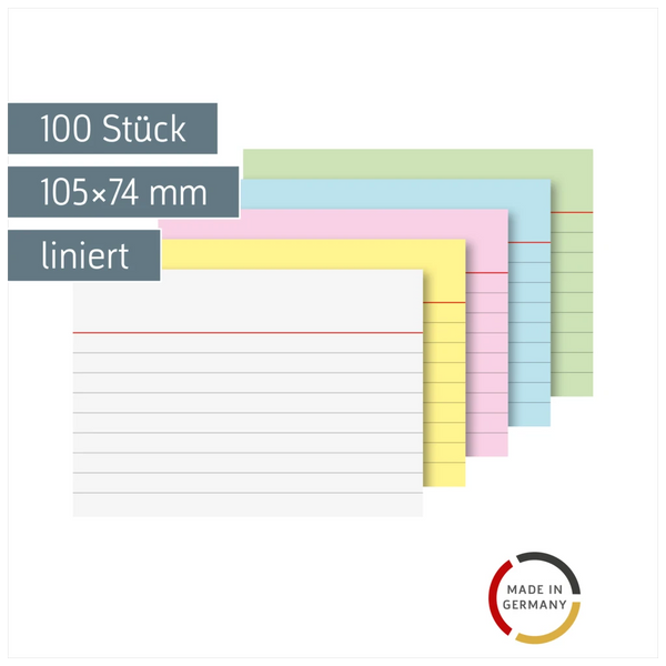 Karteikarten | 105×74 mm, A7, liniert, sortiert, 100 Stück