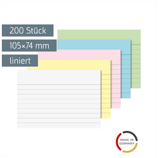 Karteikarten | 105×74 mm, A7, liniert, sortiert, 200 Stück