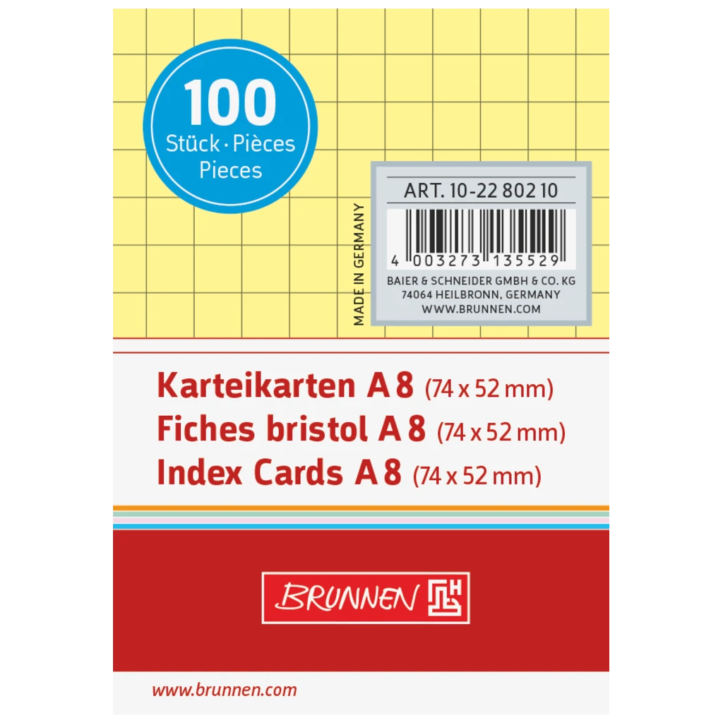 Karteikarten | 74×52 mm, A8, 5 mm kariert, gelb, 100 Stück