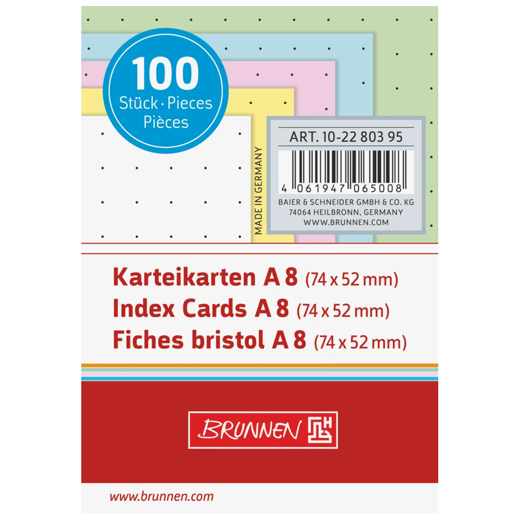 Karteikarten | 74×52 mm, A8, dotted, sortiert, 100 Stück