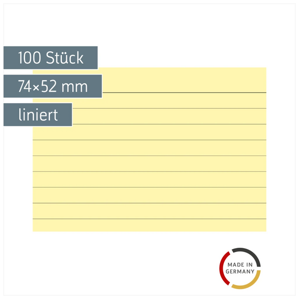 Karteikarten | 74×52 mm, A8, liniert, gelb, 100 Stück