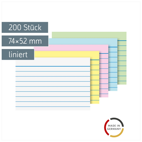 Karteikarten | 74×52 mm, A8, liniert, sortiert, 200 Stück