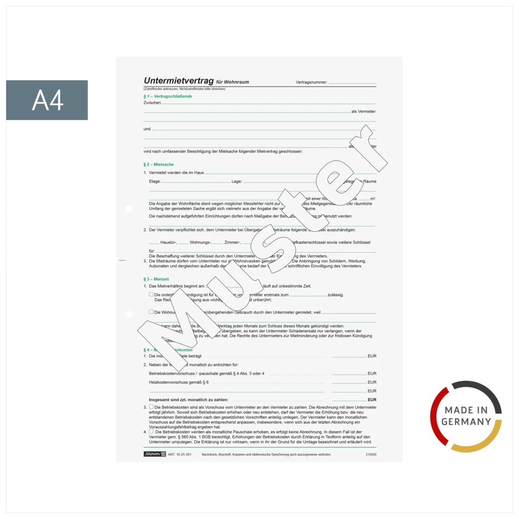 Formular „Untermietvertrag für Wohnräume“ | A4