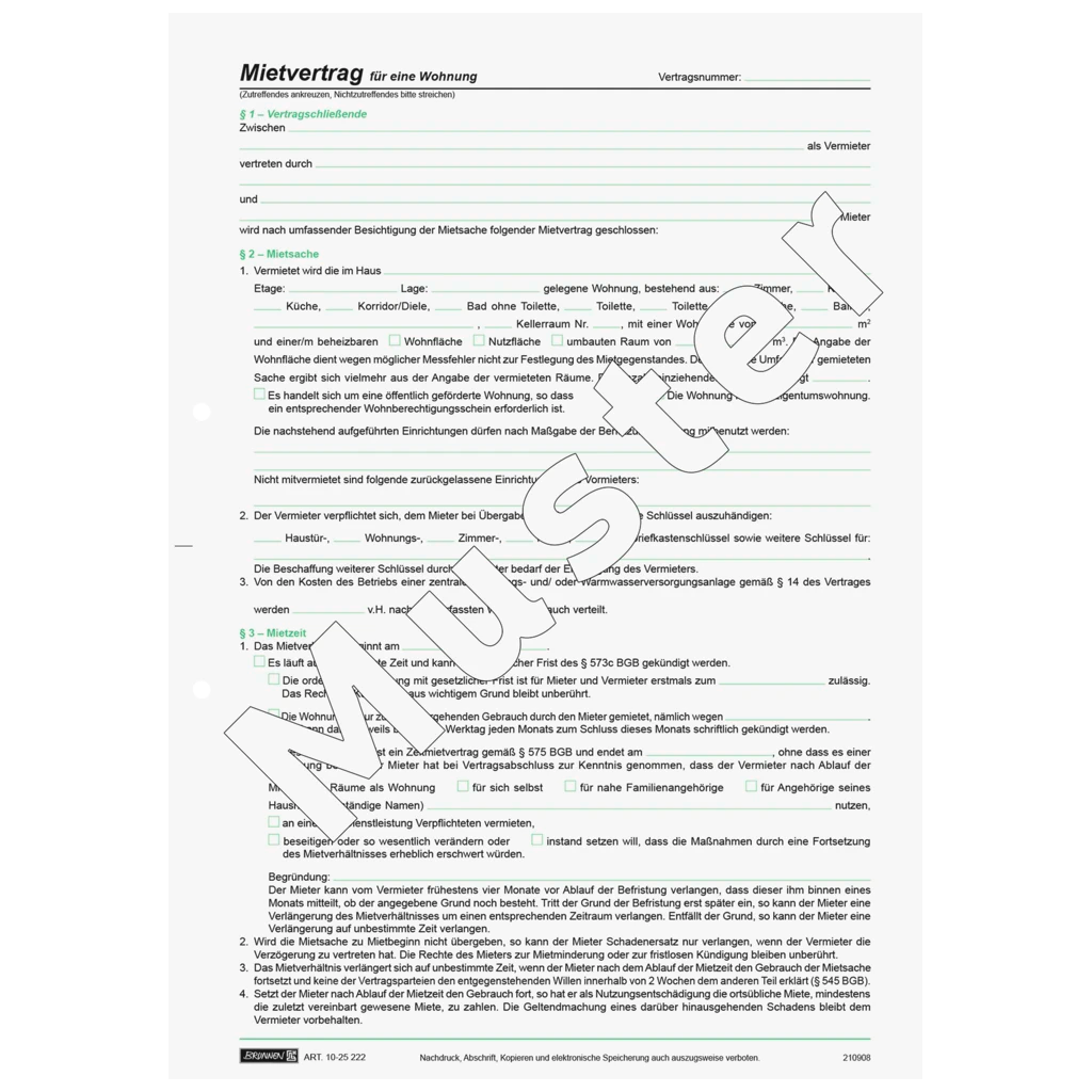 Formular „Mietvertrag für Wohnungen“ mit Übergabeprotokoll | A4