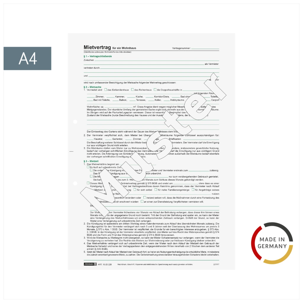 Formular „Vertrag für die Vermietung eines Hauses“ | A4