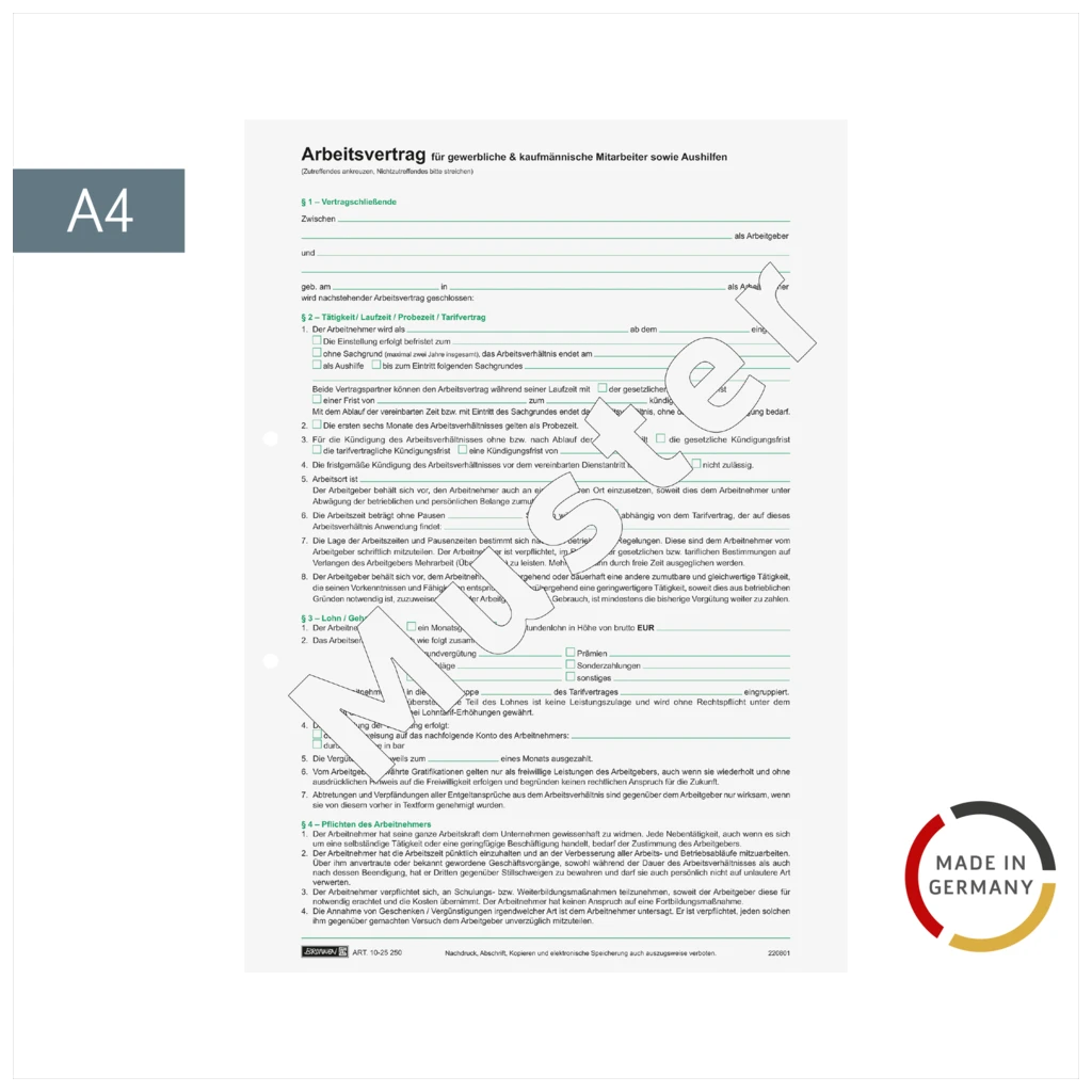 Formular „Arbeitsvertrag für gewerbliche Arbeitnehmer“ | A4