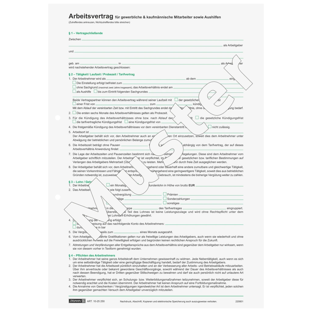 Formular „Arbeitsvertrag für gewerbliche Arbeitnehmer“ | A4