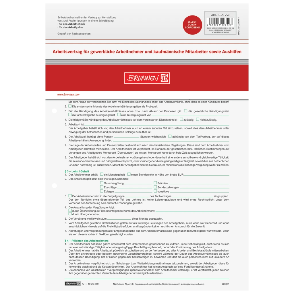 Formular „Arbeitsvertrag für gewerbliche Arbeitnehmer“ | A4