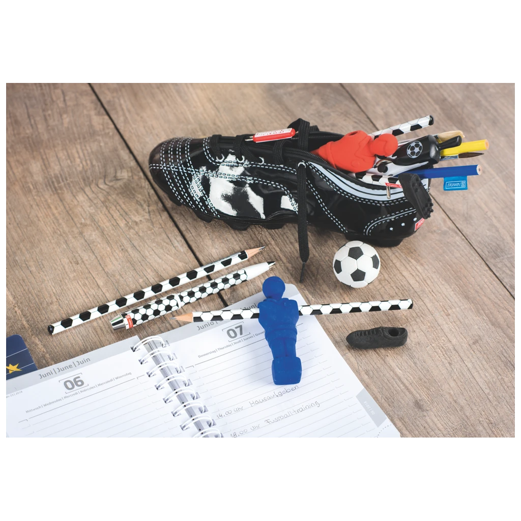 Bleistift mit Radiergummi Fußball | HB, Dreikantform, weiß/schwarz