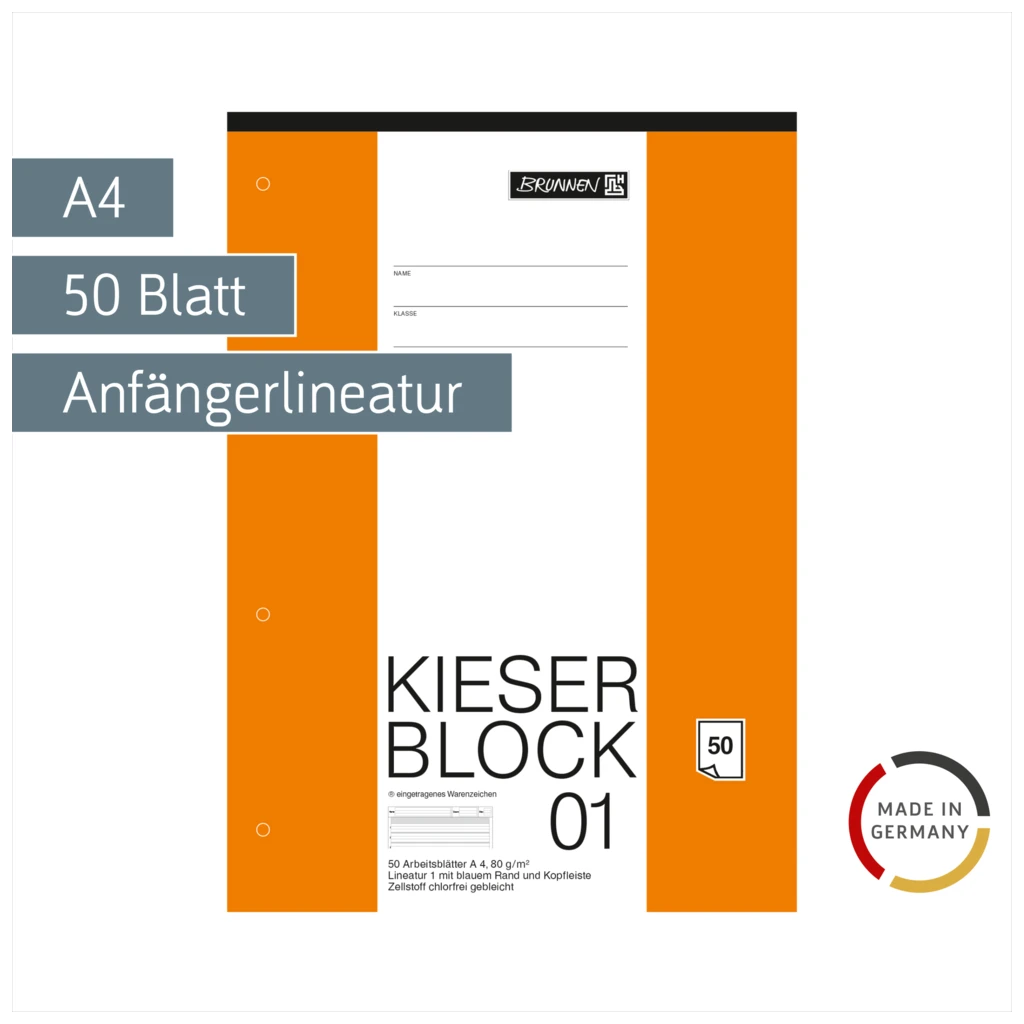 KIESER-Block gelocht | A4, Lineatur 1, 50 Blatt, mehrfarbig