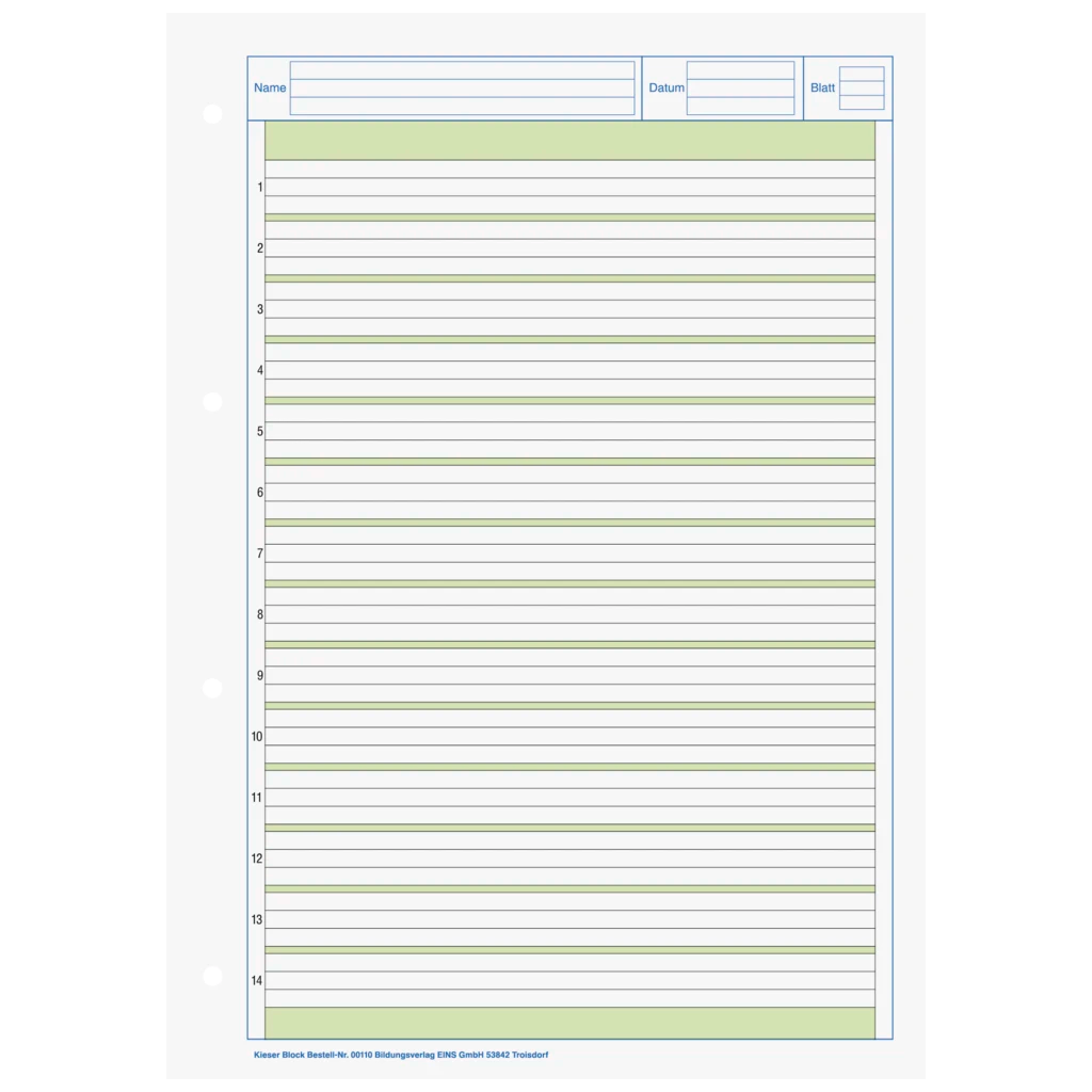 KIESER-Block gelocht | A4, Lineatur 1, 50 Blatt, mehrfarbig