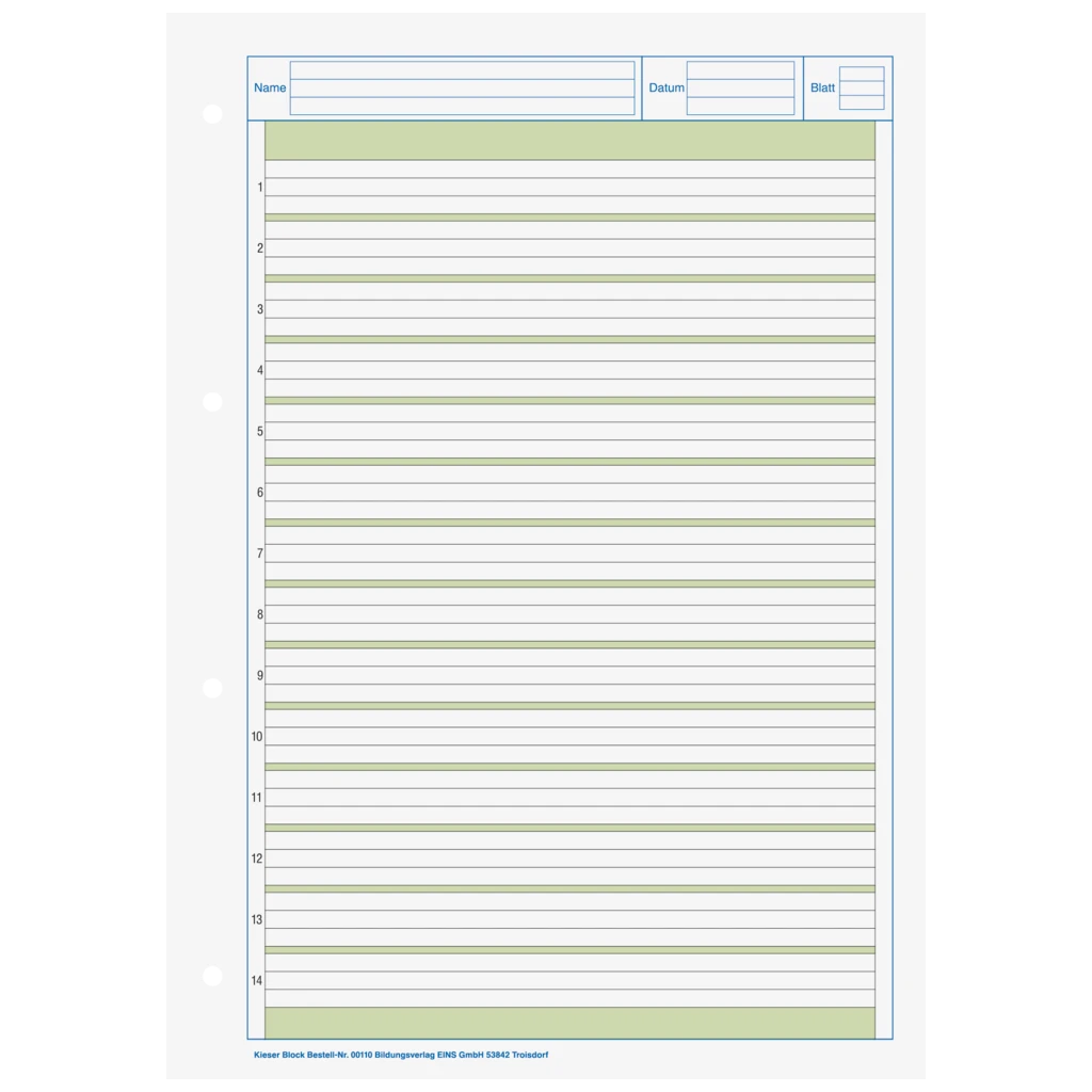 KIESER-Block gelocht | A4, Lineatur 1, 50 Blatt, mehrfarbig