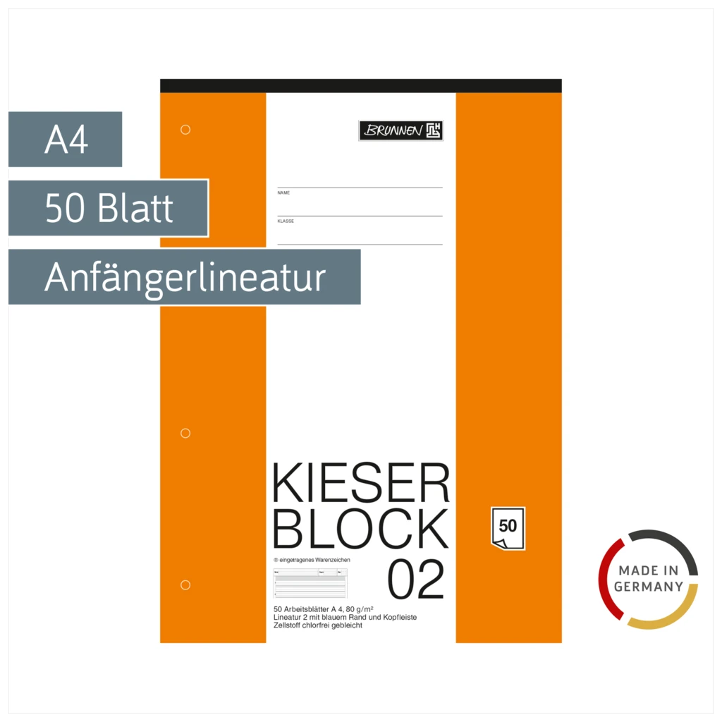KIESER-Block gelocht | A4, Lineatur 2, 50 Blatt, mehrfarbig