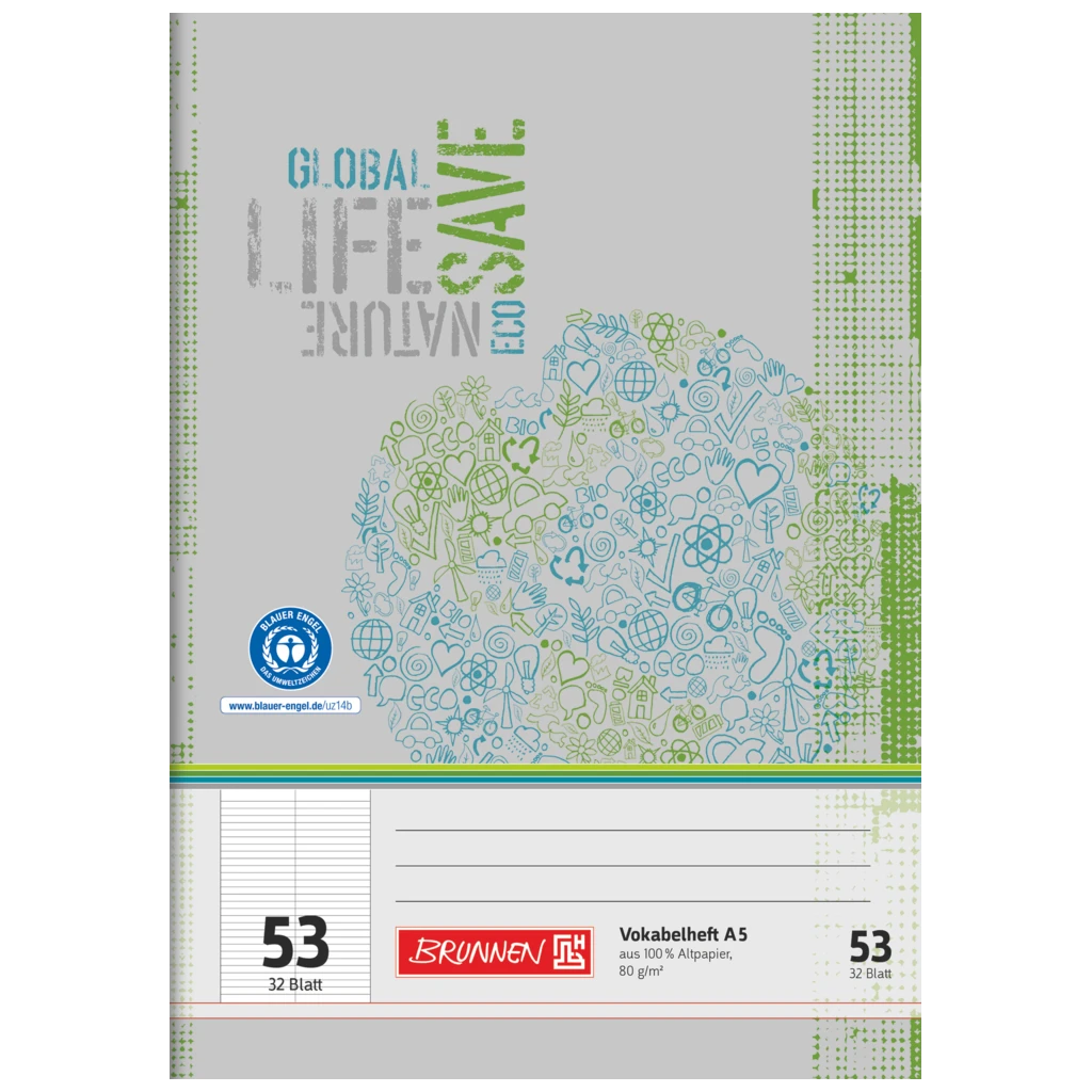 Vokabelheft Recycling | A5, Lineatur 53, 32 Blatt, grün/grau